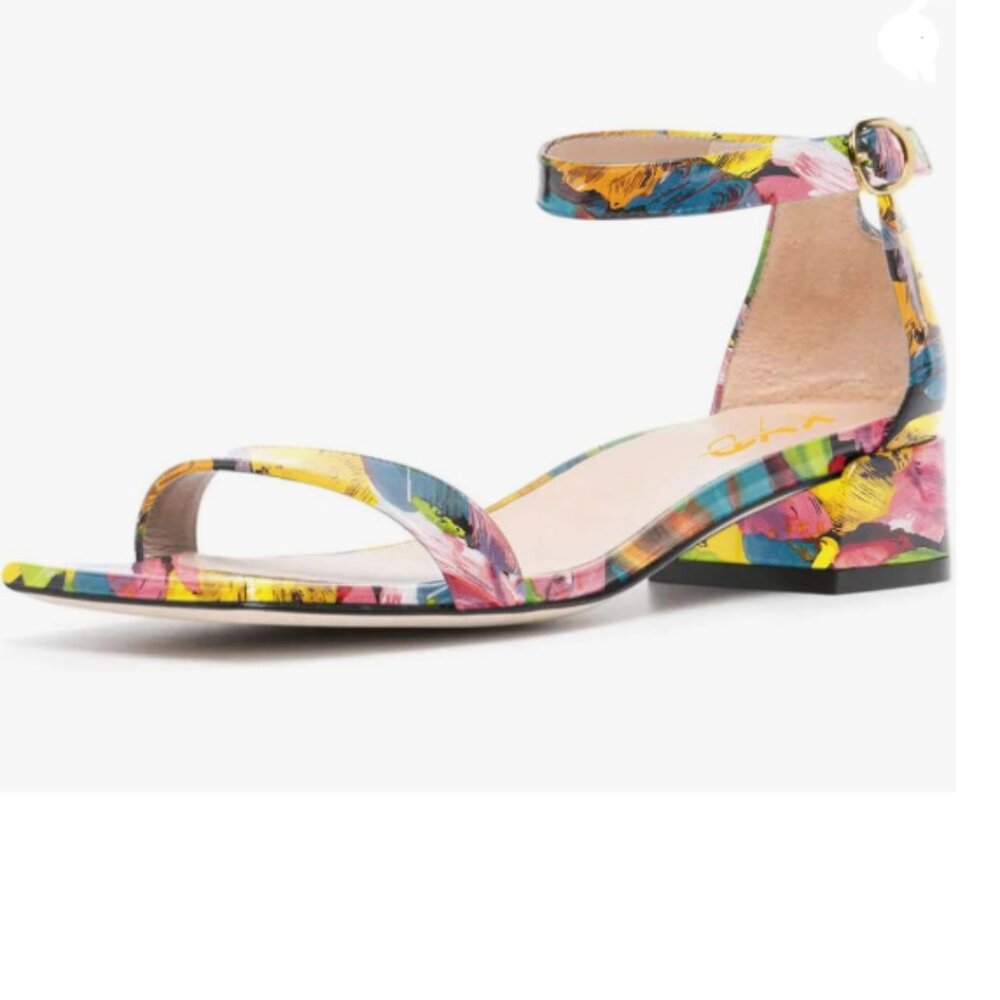 XYD Yellow Painting Open Toe Low Heel Chunky Sandals Buckled Ankle Strap Shoes